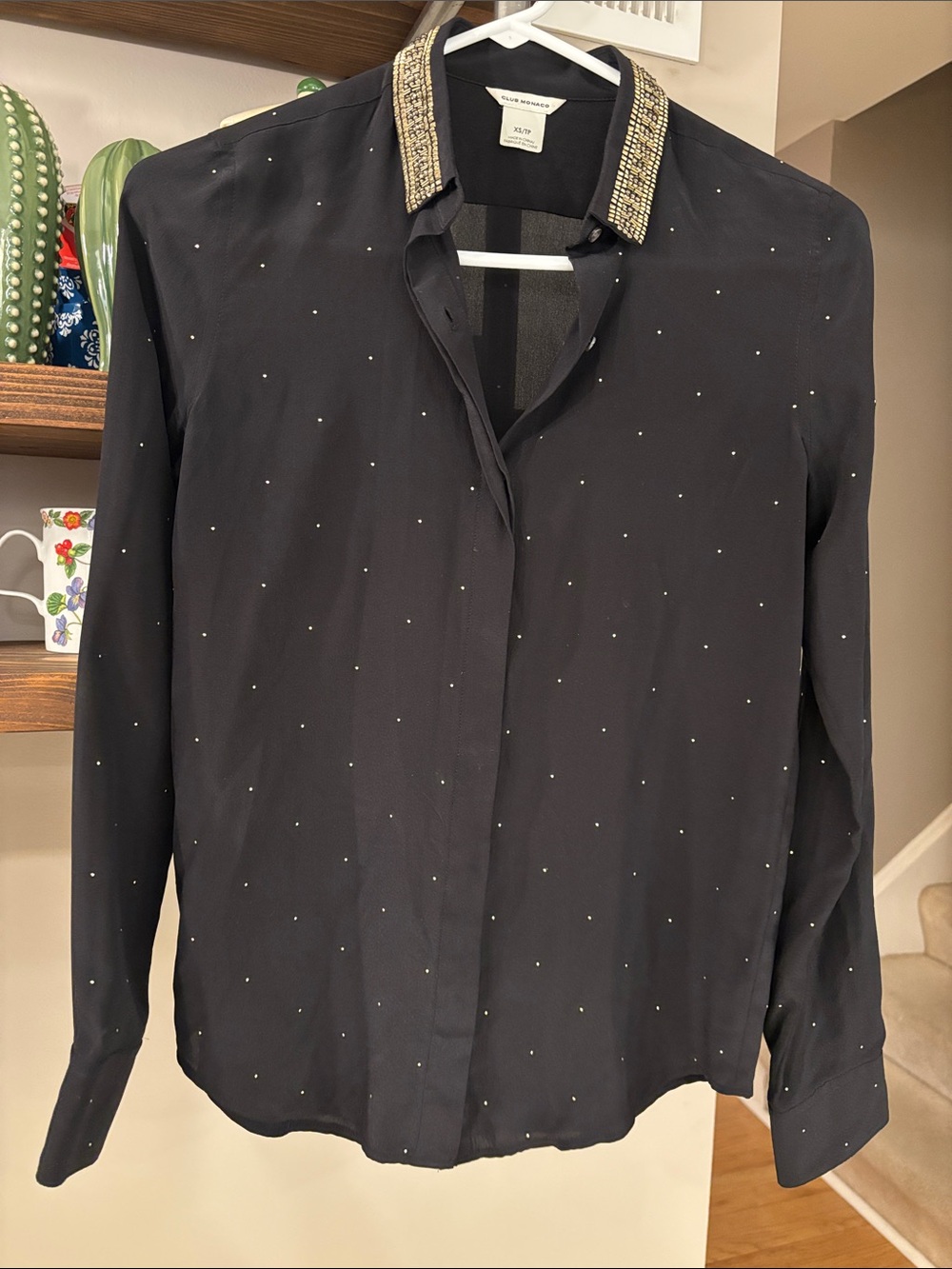 Club Monaco 100% Silk Embellished Collar Blouse | Black | Size XS